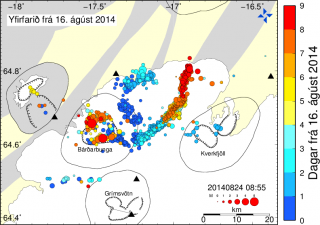 Localización de los epicentros de los terremotos desde el pasado 16 de Agosto. El color indica el número de días en el que ha ocurrido el terremoto tras el 16 de Agosto. El tamaño indica la magnitud de estos. Cortesía de Iceland Met Office.