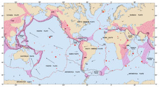 Límites de placas actuales. En rojo, los límites divergentes, en negro, los transformantes y la línea con dientes de sierra muestra los márgenes convergentes. El sombreado a rayas rojas indica un límite difuso, donde la deformación provocada por estos procesos ocurre a lo largo de cientos o miles de kilómetros. USGS.