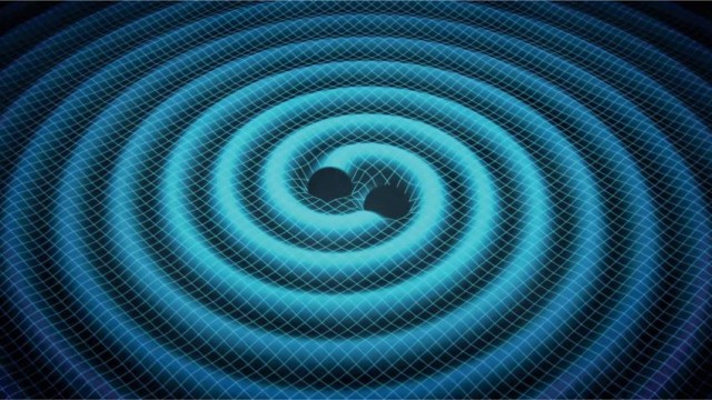  El movimiento orbital de dos agujeros negros generando ondas gravitacionales.