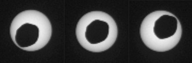 Tránsito de Fobos frente al disco solar. Secuencia de imágenes captadas por el rover Curiosity en agosto de 2013 desde la superficie marciana