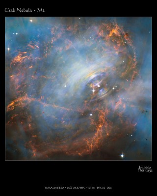 Imagen: Detalle del centro de la nebulosa del Cangrejo (M1) combinando tomas separadas por varios años usando el Telescopio Espacial Hubble. Crédito: NASA and ESA