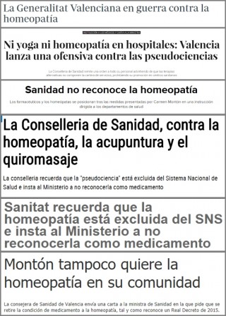 Diversos titulares destacando la "guerra" contra las pseudociencias de la Consellería de Sanidad.