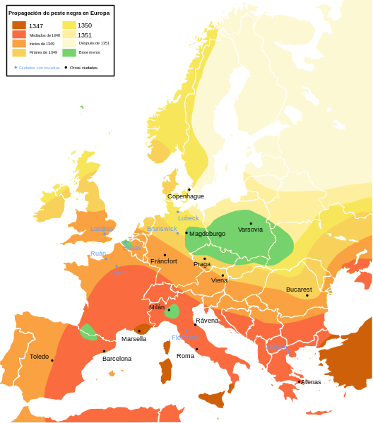 Difusión de la peste negra durante el siglo XIV en Europa sobre las fronteras nacionales actuales. Fuente