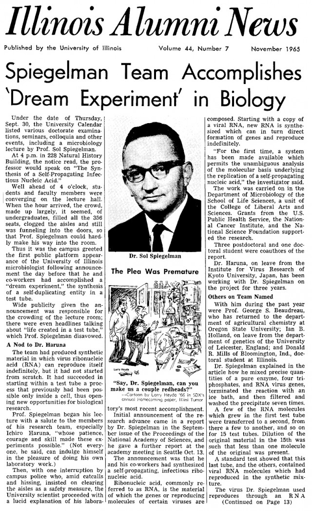 Artículo publicado en el Illinois Alumni News en noviembre de 1965, en el que se resume el trabajo de Spiegelman en 1965 y la expectación causada por su conferencia en la universidad.