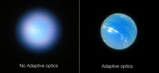 Una imagen vale más que mil palabras. Neptuno visto por el VLT, antes y después de usar óptica adaptativa. Fuente: ESO/VLT