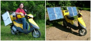 Moto solar (scooter con paneles solares desplegables).