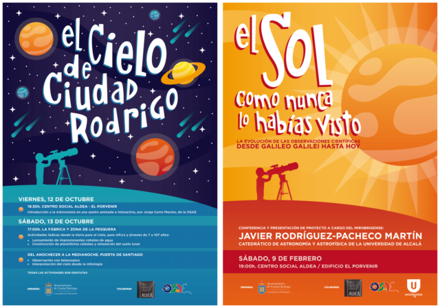 Carteles de los eventos "El cielo de Ciudad Rodrigo" (octubre 2018) y "El Sol como nunca lo habías visto" (febrero 2019).