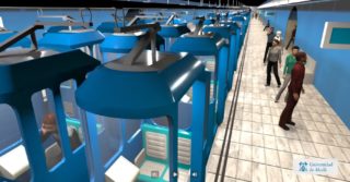 Render del sistema OPTIMOTUSS visto desde una posición elevada en el extremo de un andén de metro.