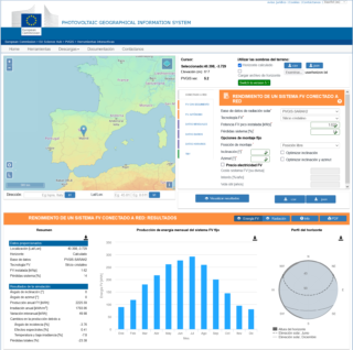 Captura de pantalla de la página del Photovoltaic Geographical Information System (PVGIS) mostrando el cálculo ejemplificado en este artículo.