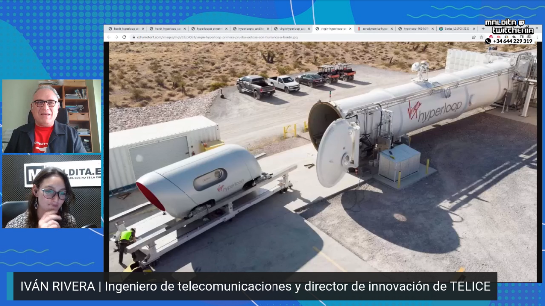 Captura de pantalla del twitch de Maldita.es con Iván Rivera sobre el estado actual de hyperloop.