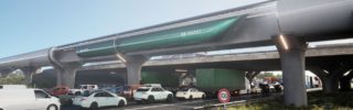 Imagen de síntesis de un hyperloop en funcionamiento en un paso elevado sobre una carretera (fuente: Hardt Hyperloop).