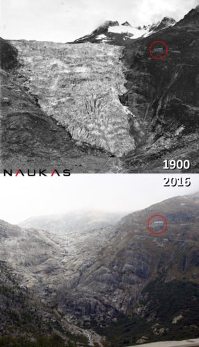 La catarata de hielo en 1900. En 2016 solo queda el lecho rocoso sobre el que discurría.
