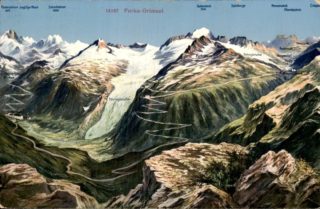 El glaciar del Ródano y los puertos de la Furka y el Grimsel en una postal de principios del siglo XX