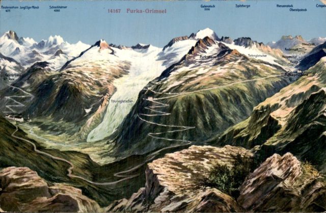 El glaciar del Ródano y los puertos de la Furka y el Grimsel en una postal de principios del siglo XX 