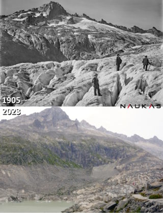 Glaciar del Ródano en 1905 y 2023.