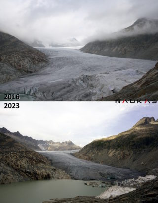 Frente del glaciar del Ródano en 2016 y en 2023