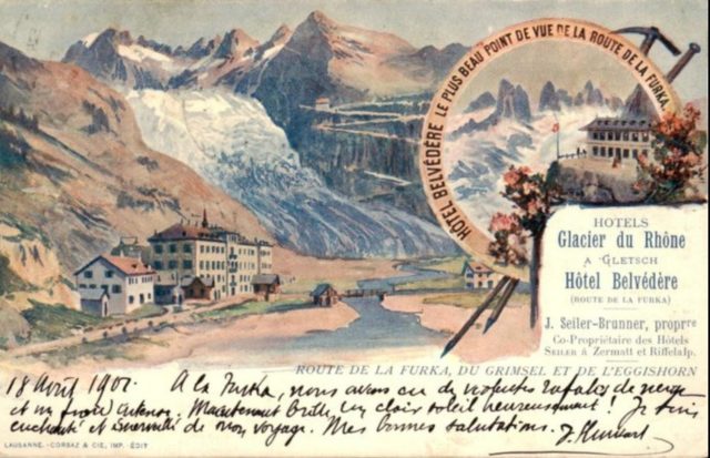 Hoteles Glacier du Rhône y Belvédère en una postal de principios del siglo XX