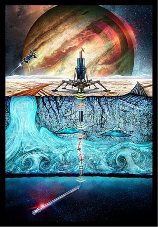 Ilustración conceptual de una misión robótica de perforación al océano de Europa. Se aprecia un segmento espacial, una base de superficie y una perforación mediante un sistema autónomo conectado por elementos intermedios de comunicaciones.