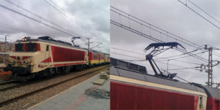 Una locomotora eléctrica de la clase E 1300 tracciona un tren de pasajeros al pasar por la estación de Bouznika (Marruecos). A la derecha de la imagen se aprecia una ampliación del pantógrafo, deslizándose sobre el hilo de contacto de la catenaria (en este caso se aprecian dos)..